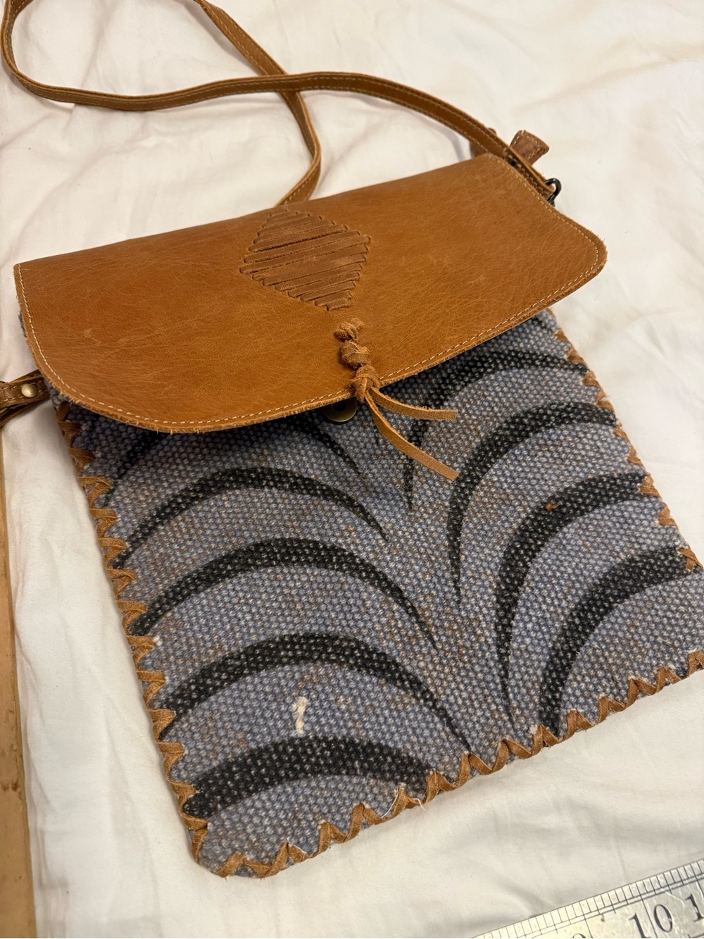 Myra Bag Tan Leather & Gray Woven Crossbody with Black Arch Motif